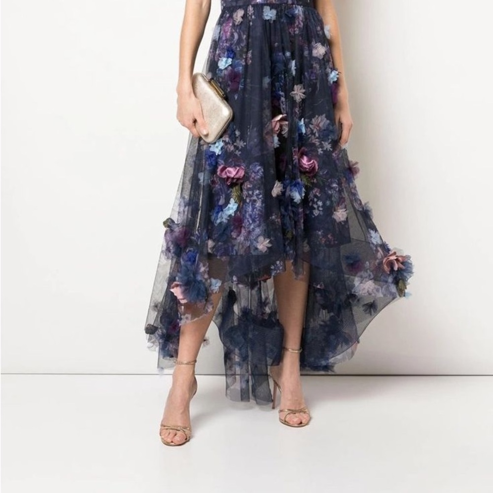 Marchesa Notte Short to Long 3D Floral Shirred Dress - Picture 2 of 7